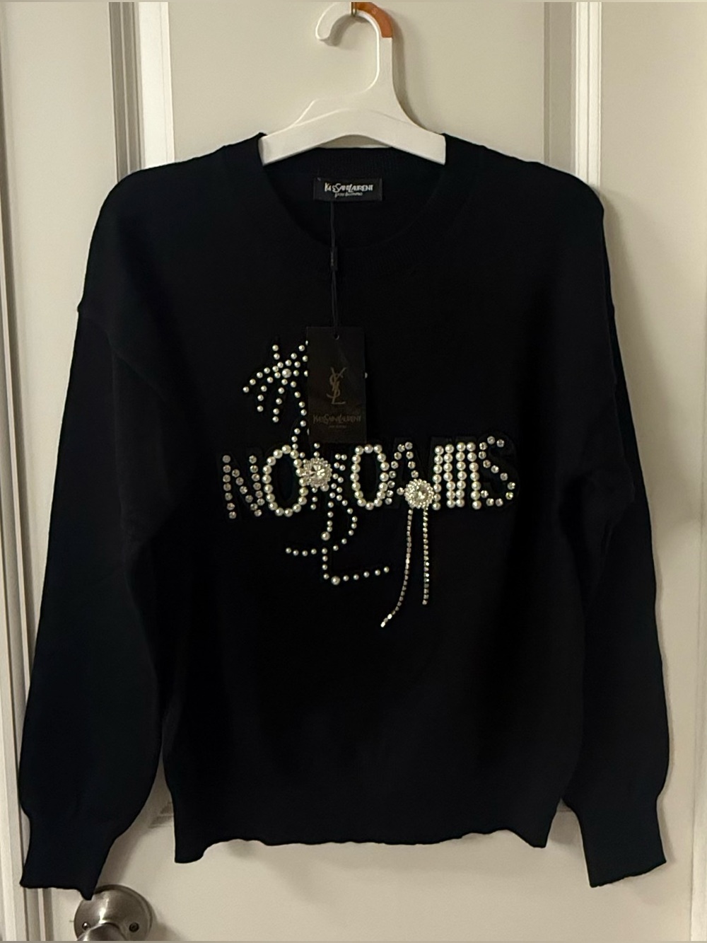Saint Laurent Black Crewneck Sweater with Crystal and Pearl Embellishment